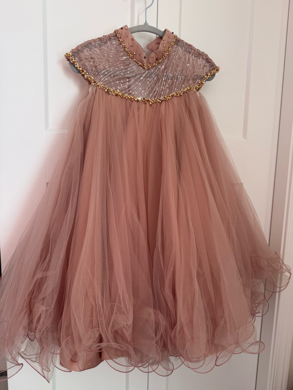 Girls' Dusty Rose Tulle Party Dress with Beaded Collar